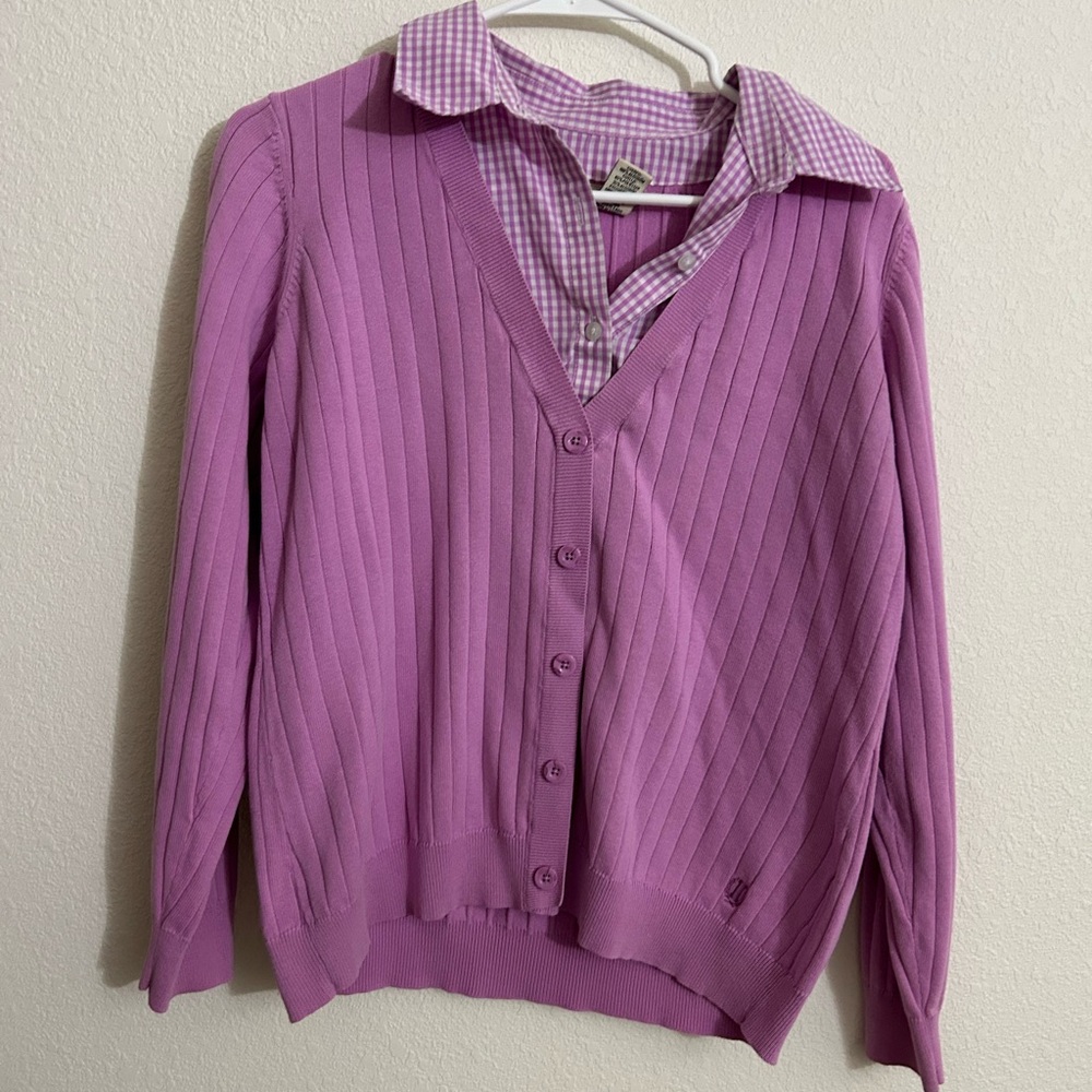 Izod Purple Cardigan with Checkered Collar